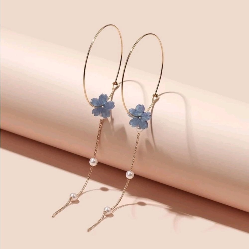 Gold Hoop Flower Dangle Earrings Pearl Chain Purple Fairy Coquette 💖2/$30 - Picture 3 of 10